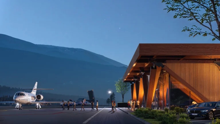 Mestia Airport at night, with plain and people in the picture