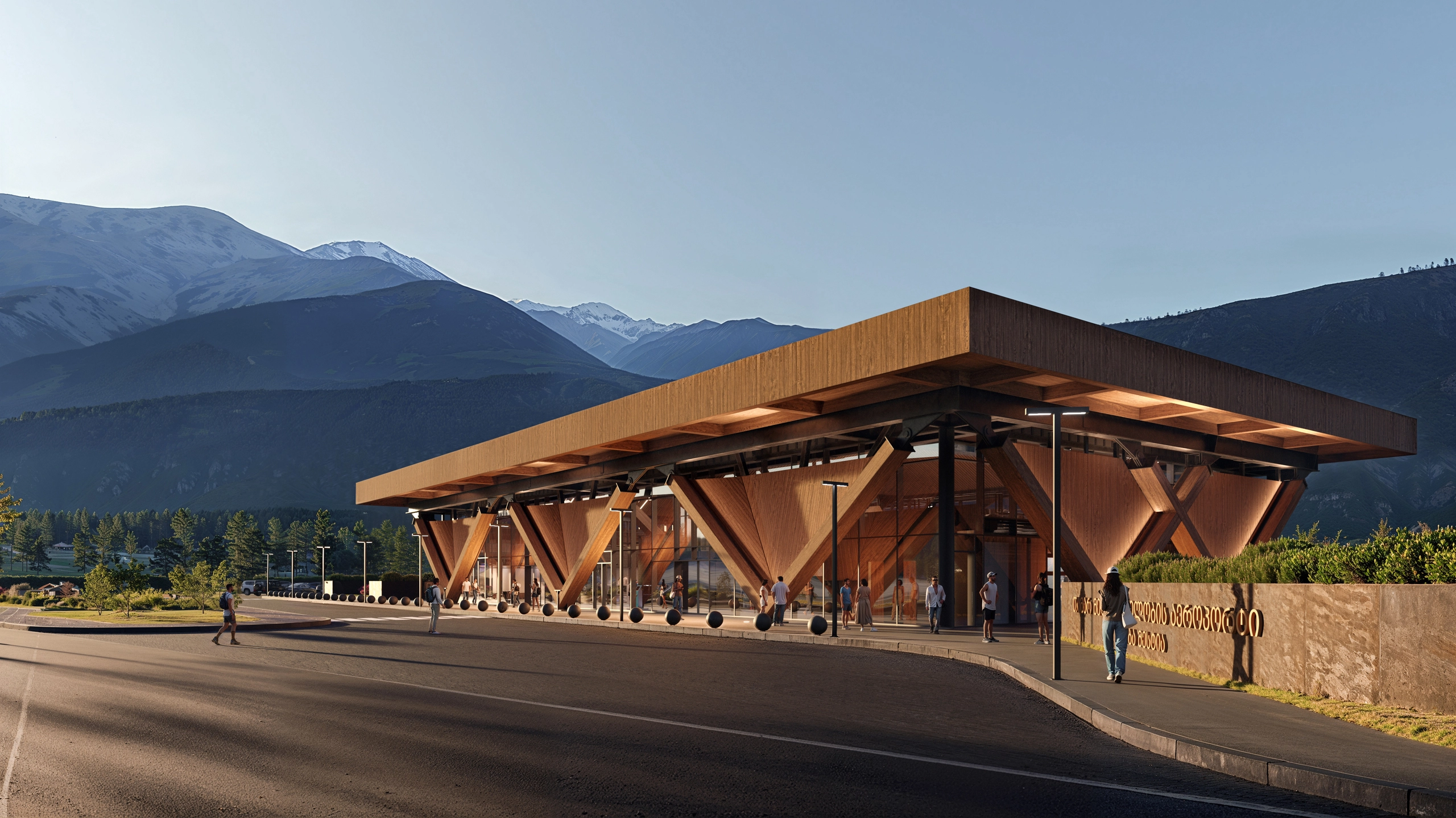 Mestia Airport with people outside the building